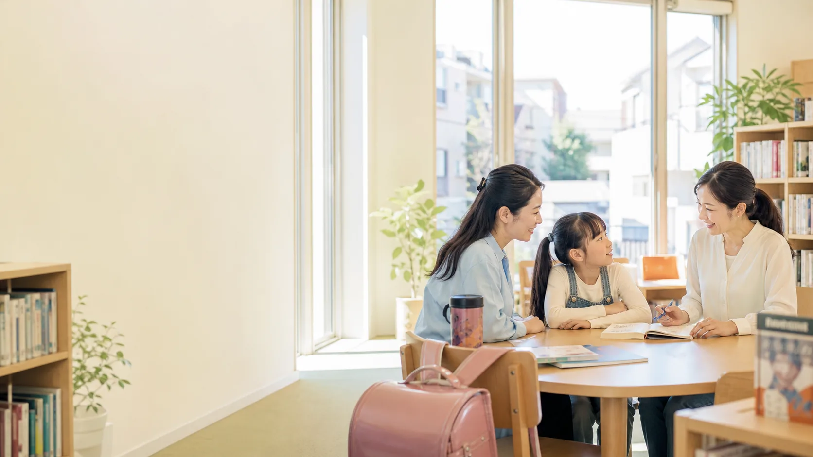 Gia sư trao đổi với phụ huynh và học sinh bên bàn học trong thư viện